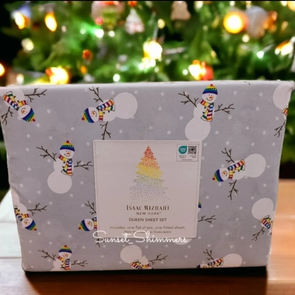 4pc Issac Mizrahi Snowman Rainbow Hat & Scarf Christmas QUEEN Bed Sheet Set New
